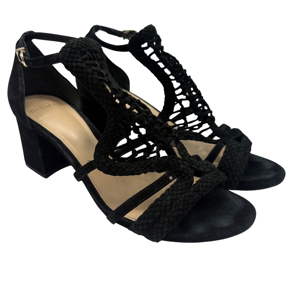 Alexandre Birman Black Suede Leather Braided Strappy Heel Sandals Size 38.5